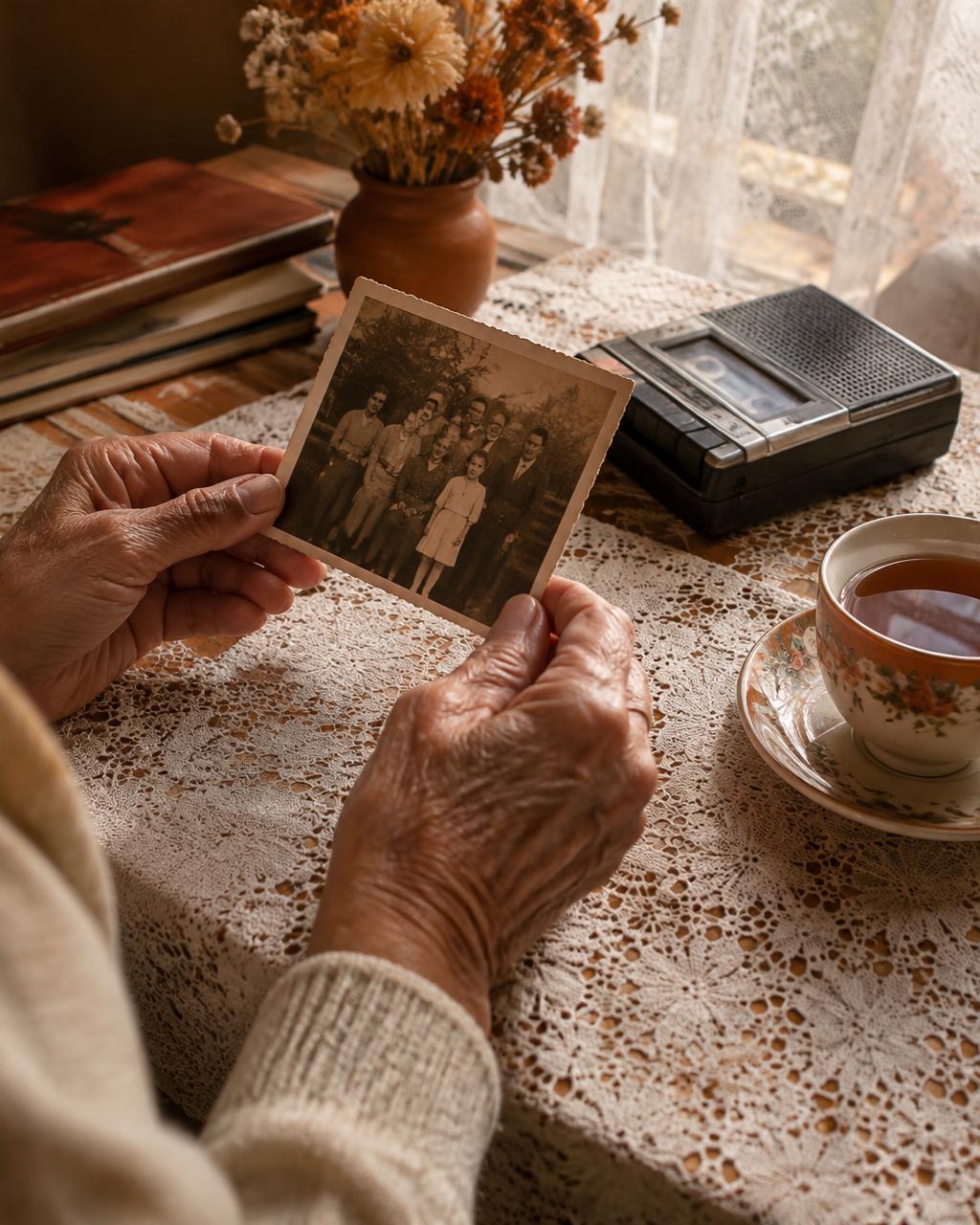 Hands holding an old family photograph